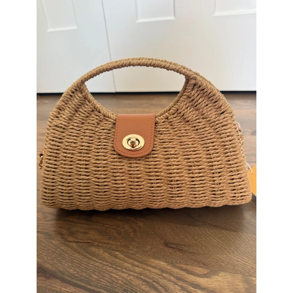 Woven Straw Crossbody Bag Tan Gold Chain Strap Turn Lock‎ Summer Beach Clutch